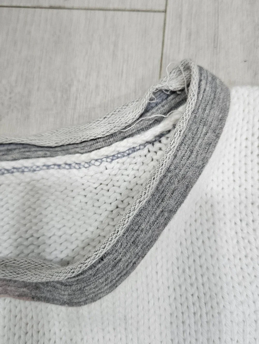 VTG Pure Handknit White Cotton Pullover Sweater Sz S Gray Pockets Rolled Hem
